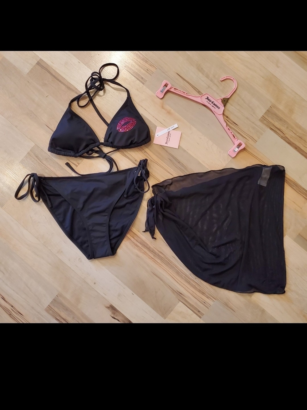 NWT Juicy Couture 3 Piece Rhinestone Lips Kiss Bikini Black Size Meduim